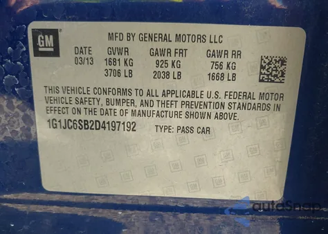 2013 Chevrolet Sonic Lt Auto из США, поврежденный, VIN 1G1JC6SB2D4197192